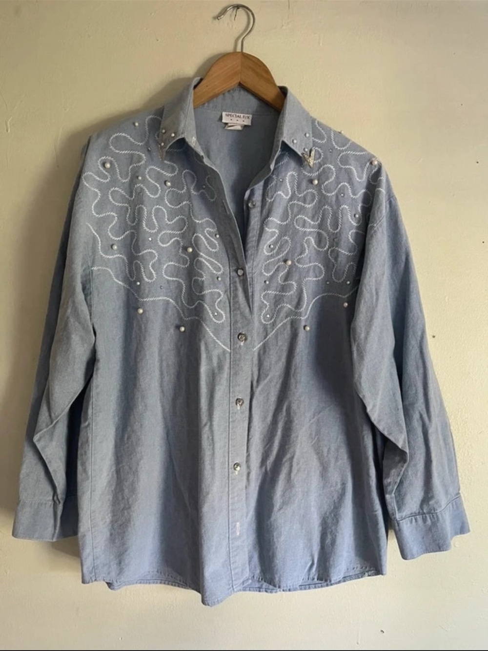 Light Blue Embroidered Pearl-Accent Button-Down Shirt